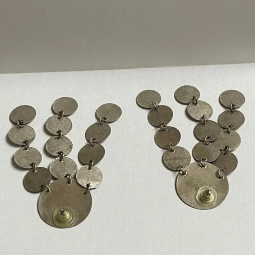 Silver Tone Dangling Earrings Floral Stamp CIrcles Round Layered Festival Casual